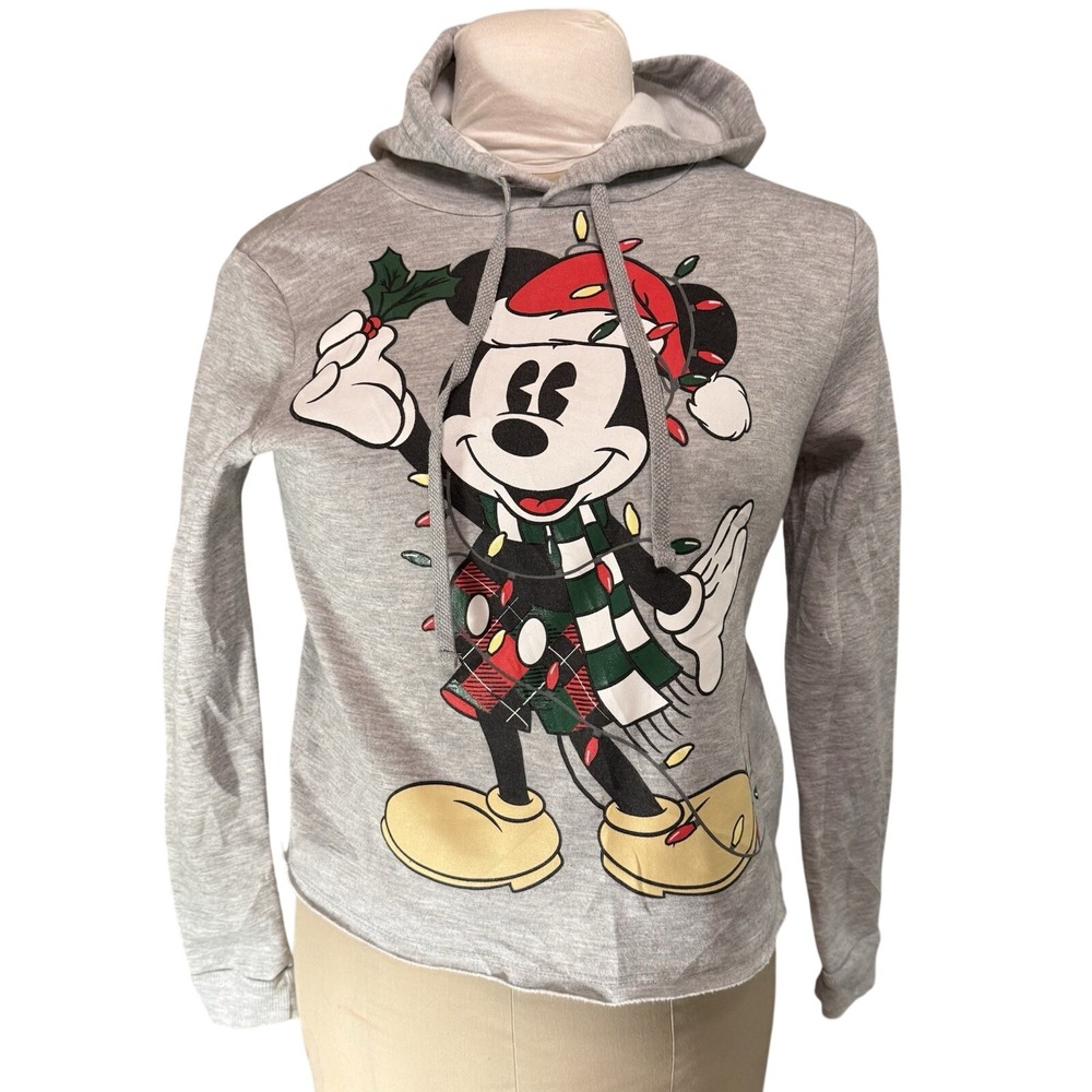 Womens X-Small Mickey Mouse Lights Christmas Hoodie Grey Holiday Disney